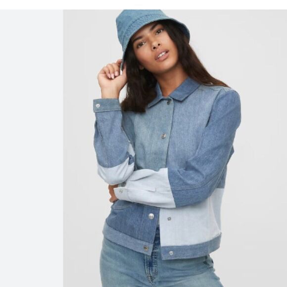 NWOT GAP 1969 Blue and Gray Patchwork Denim Jacket Patchwork Design Size Medium - Picture 1 of 10